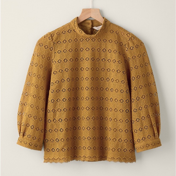 Garnet Hill Tops - NWOT Garnet Hill Women's Teagan Lace Top Size L Mustard Yellow Brown 3/4 *W